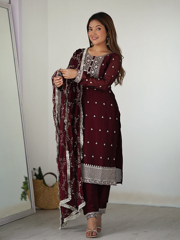 Maroon Silk Embroidered Straight Kurti With Pant & Dupatta Set