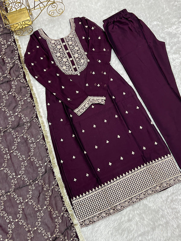 Wine Silk Embroidered Straight Kurti With Pant & Dupatta Set