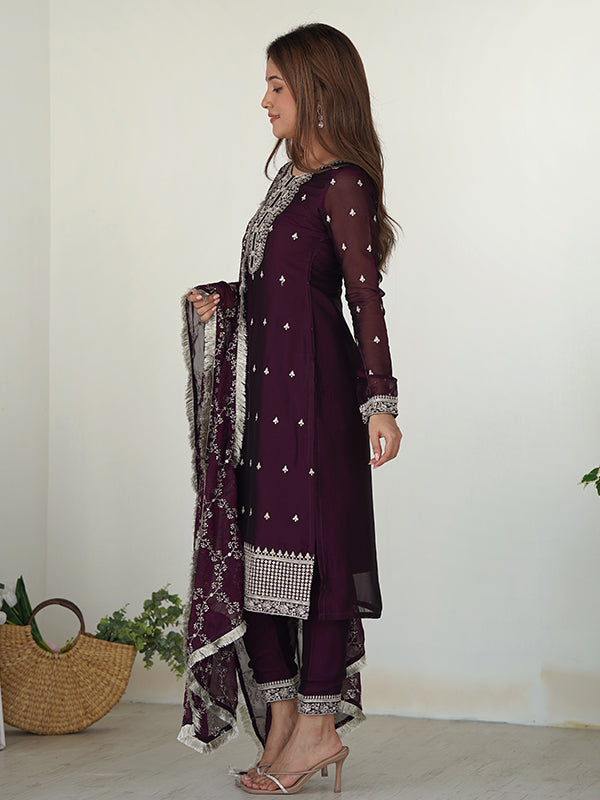 Wine Silk Embroidered Straight Kurti With Pant & Dupatta Set