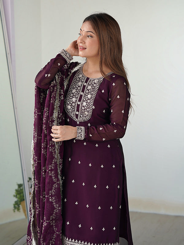 Wine Silk Embroidered Straight Kurti With Pant & Dupatta Set