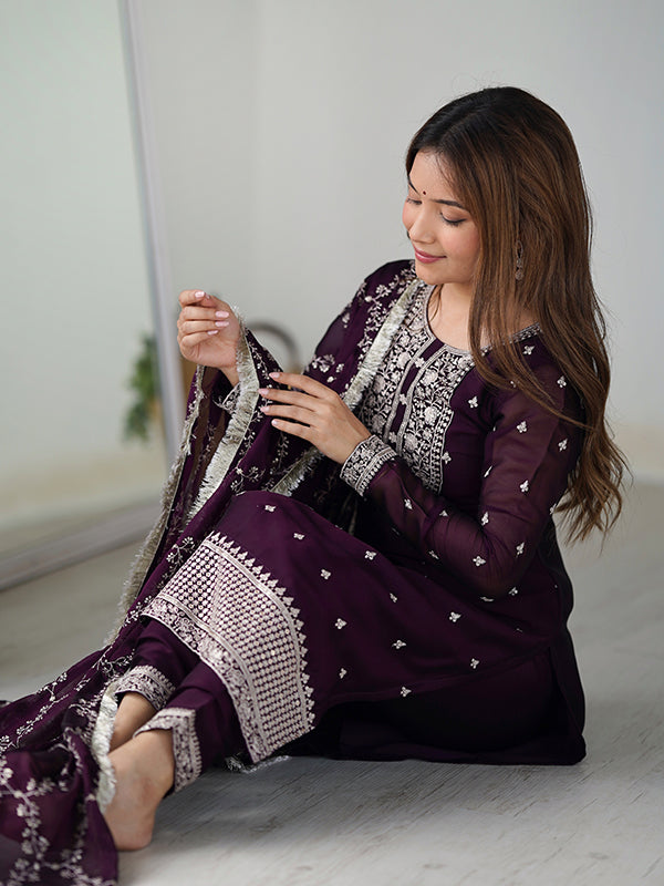 Wine Silk Embroidered Straight Kurti With Pant & Dupatta Set