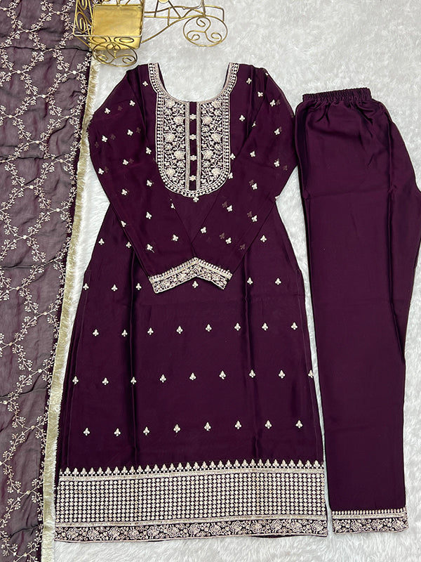 Wine Silk Embroidered Straight Kurti With Pant & Dupatta Set