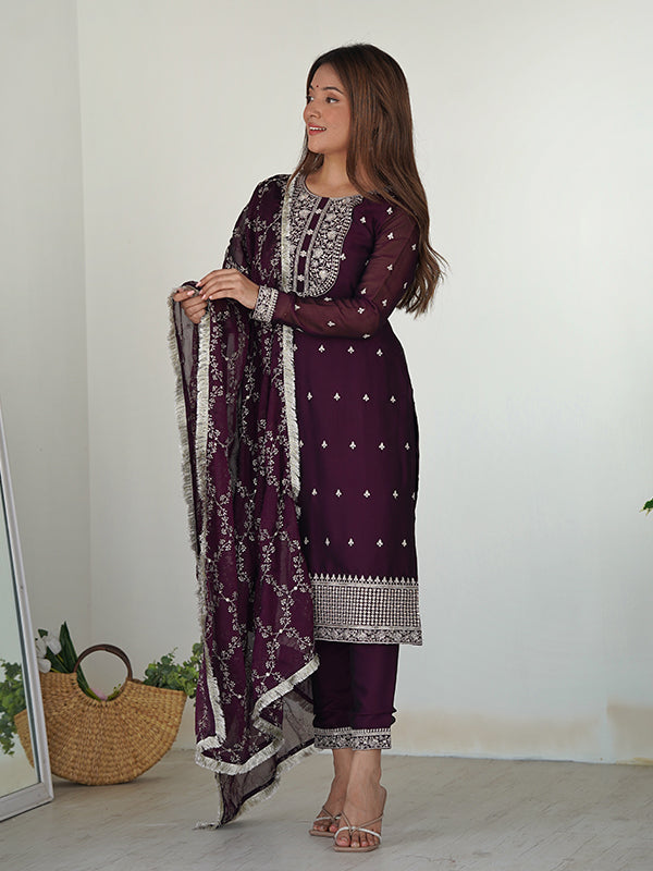 Wine Silk Embroidered Straight Kurti With Pant & Dupatta Set