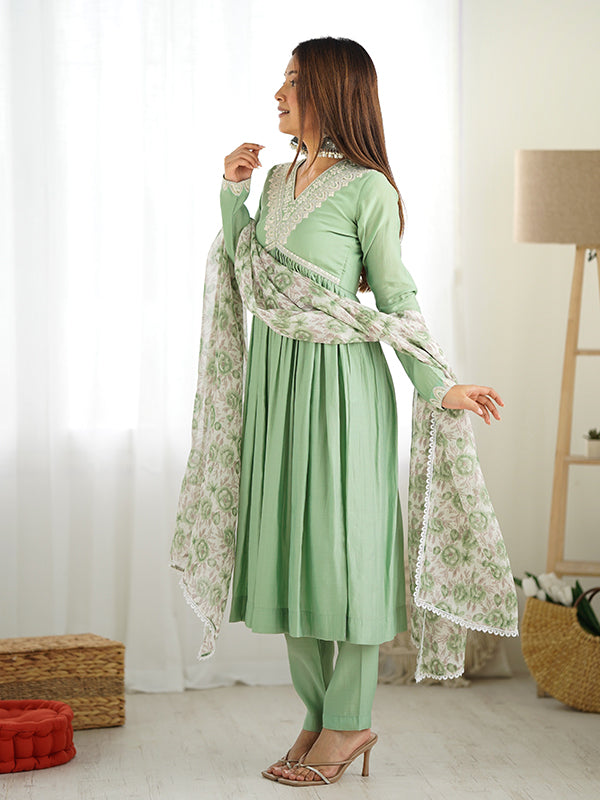 Pista Embroidered Anarkali Gown With Pant & Dupatta Set