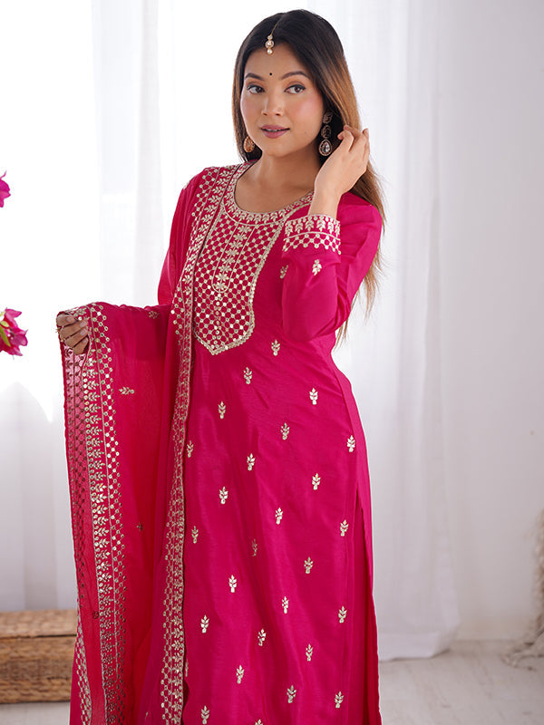 Pink Chinon Silk Straight Kurti With Pant & Dupatta Set