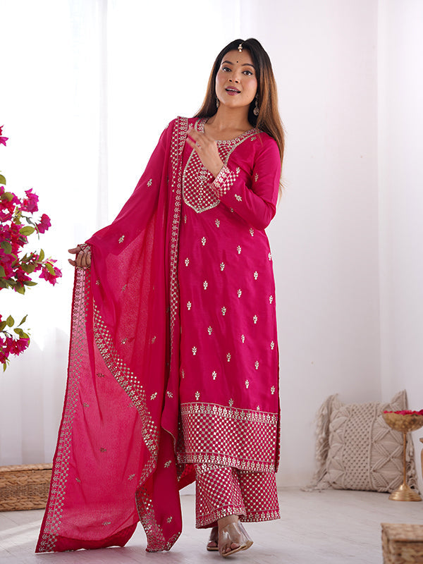 Pink Chinon Silk Straight Kurti With Pant & Dupatta Set