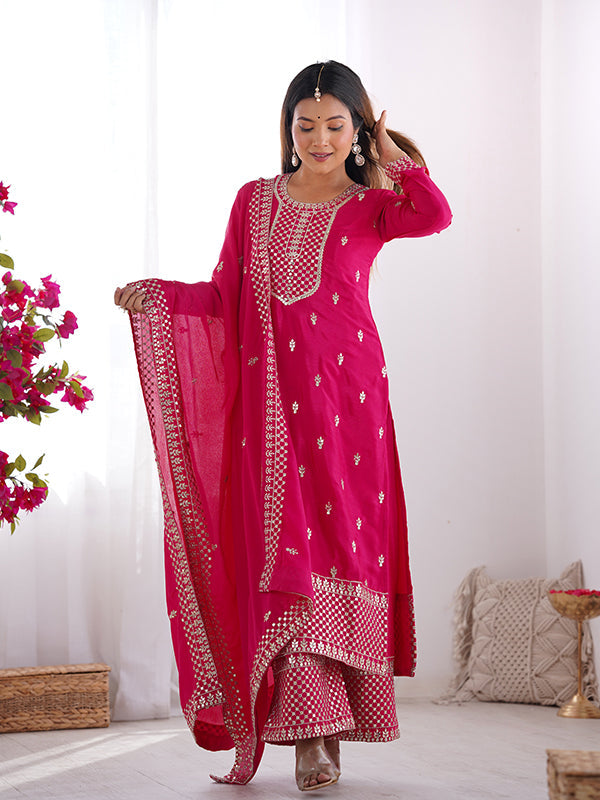 Pink Chinon Silk Straight Kurti With Pant & Dupatta Set