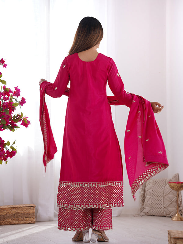 Pink Chinon Silk Straight Kurti With Pant & Dupatta Set