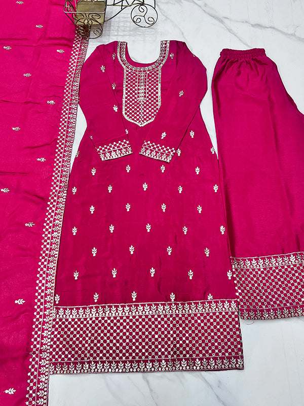 Pink Chinon Silk Straight Kurti With Pant & Dupatta Set