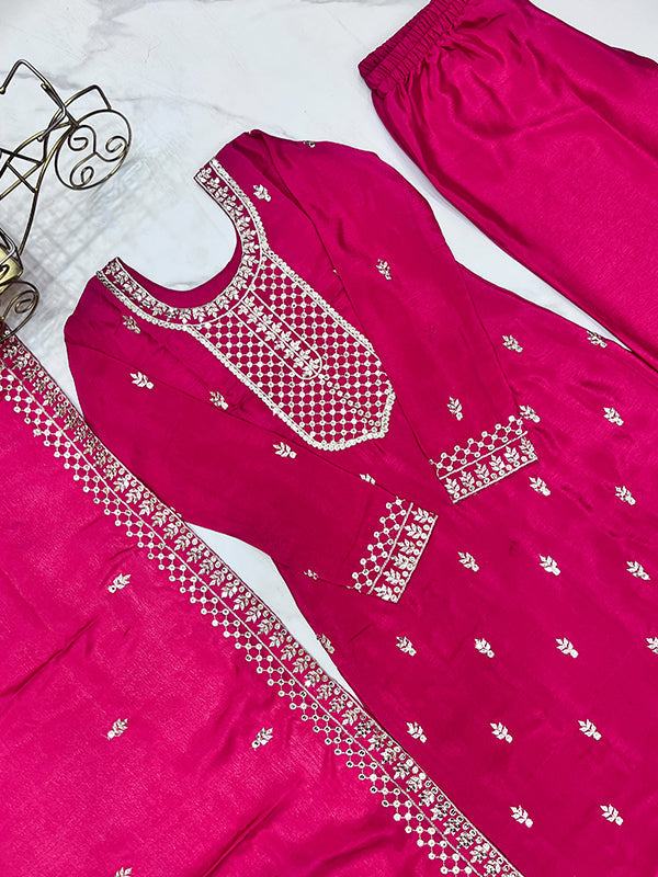 Pink Chinon Silk Straight Kurti With Pant & Dupatta Set