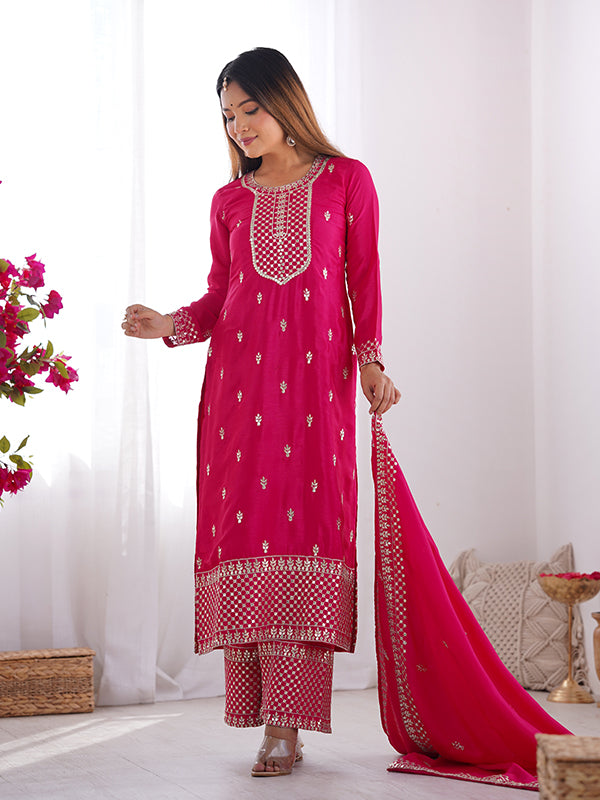 Pink Chinon Silk Straight Kurti With Pant & Dupatta Set