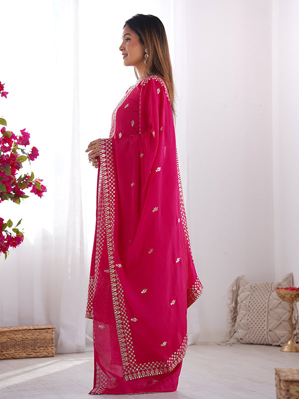 Pink Chinon Silk Straight Kurti With Pant & Dupatta Set