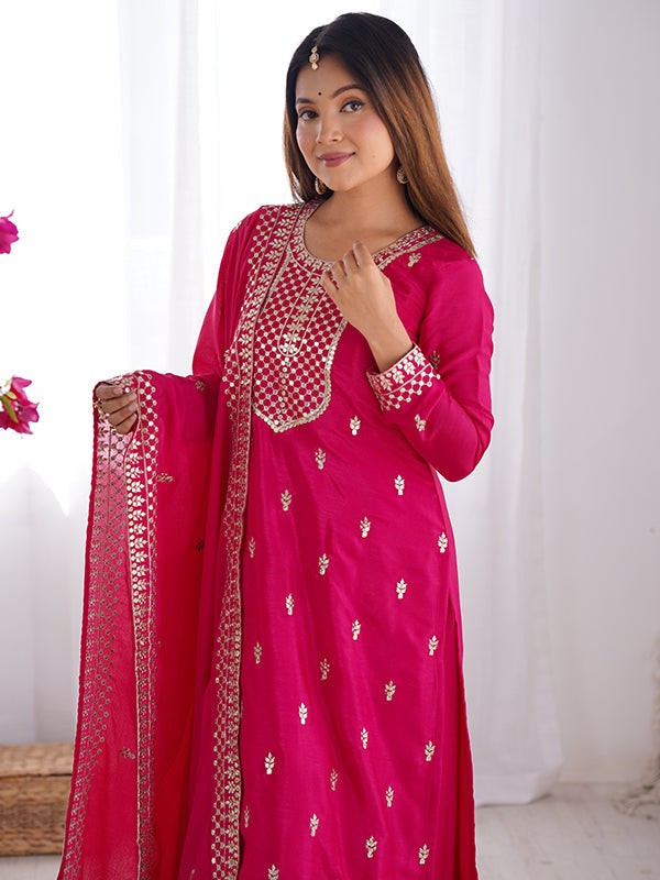 Pink Chinon Silk Straight Kurti With Pant & Dupatta Set
