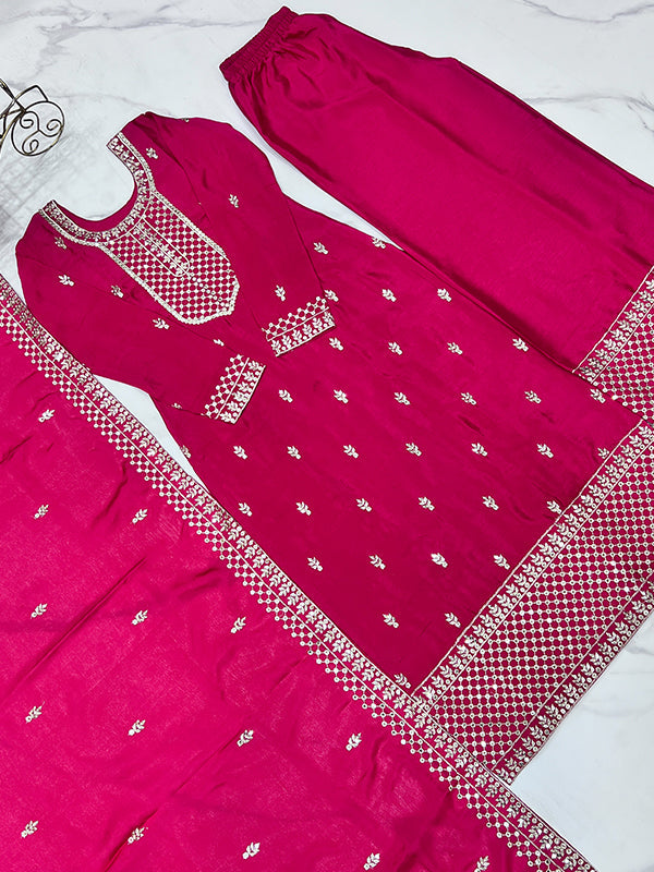 Pink Chinon Silk Straight Kurti With Pant & Dupatta Set