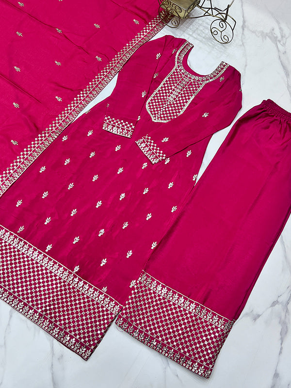 Pink Chinon Silk Straight Kurti With Pant & Dupatta Set