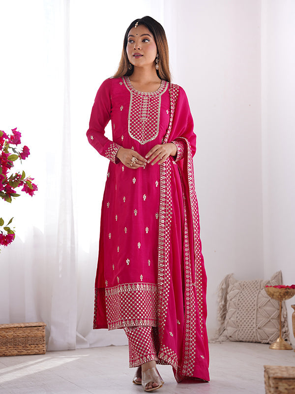 Pink Chinon Silk Straight Kurti With Pant & Dupatta Set