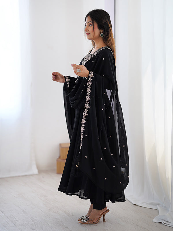 Black Georgette Anarkali Gown With Pant & Dupatta Set