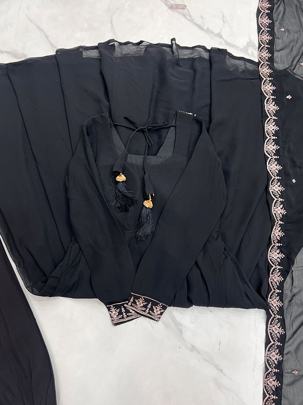 Black Georgette Anarkali Gown With Pant & Dupatta Set