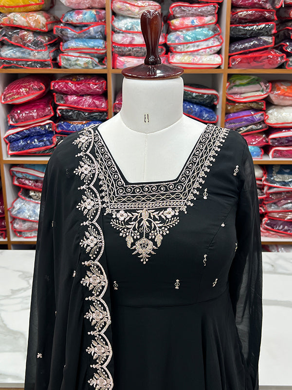 Black Georgette Anarkali Gown With Pant & Dupatta Set