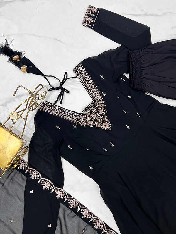 Black Georgette Anarkali Gown With Pant & Dupatta Set