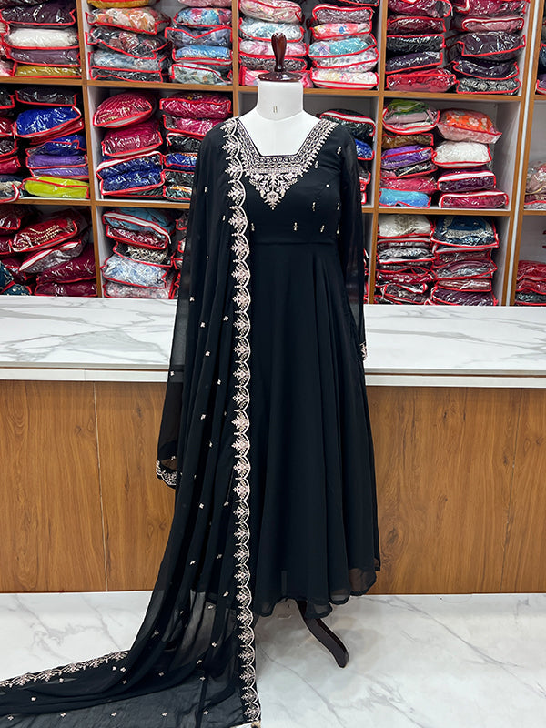 Black Georgette Anarkali Gown With Pant & Dupatta Set
