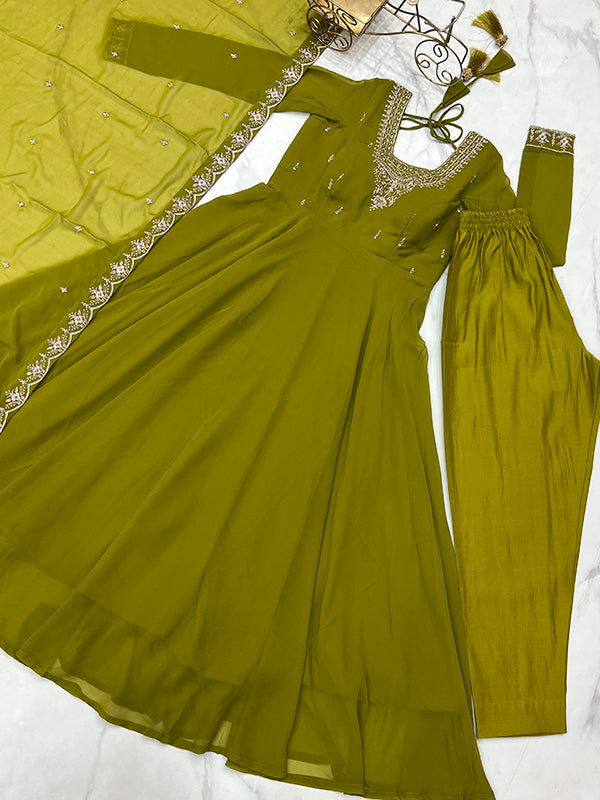 Mahendi Georgette Anarkali Gown With Pant & Dupatta Set
