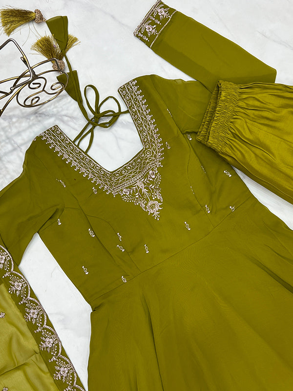 Mahendi Georgette Anarkali Gown With Pant & Dupatta Set