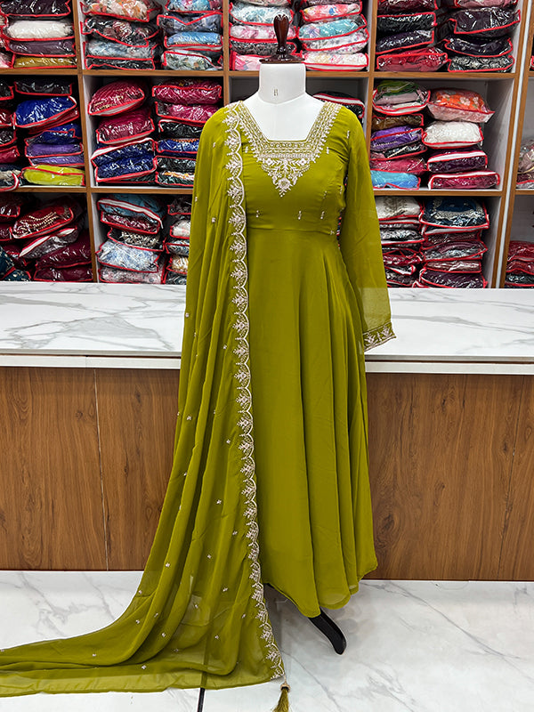 Mahendi Georgette Anarkali Gown With Pant & Dupatta Set