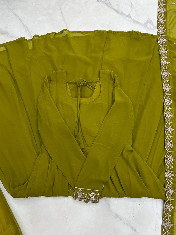 Mahendi Georgette Anarkali Gown With Pant & Dupatta Set