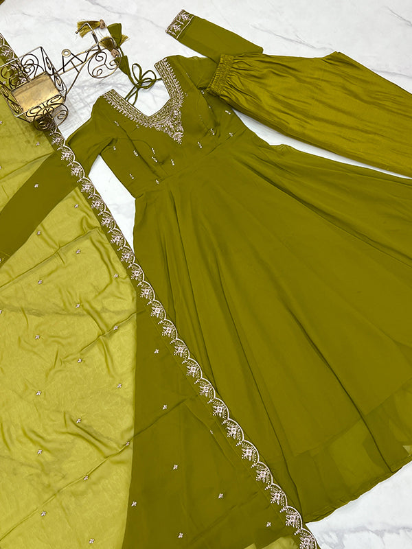 Mahendi Georgette Anarkali Gown With Pant & Dupatta Set