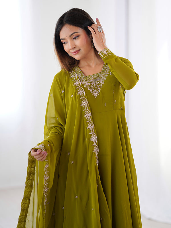 Mahendi Georgette Anarkali Gown With Pant & Dupatta Set