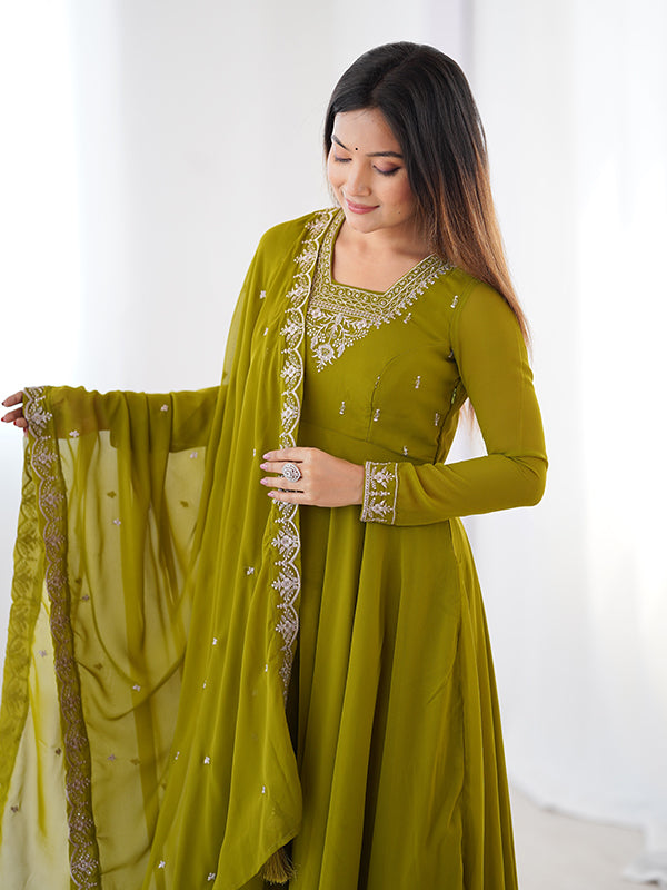 Mahendi Georgette Anarkali Gown With Pant & Dupatta Set