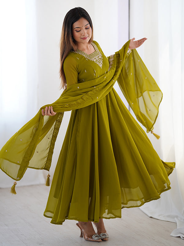 Mahendi Georgette Anarkali Gown With Pant & Dupatta Set