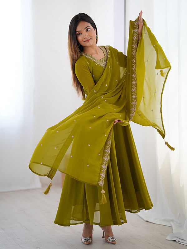 Mahendi Georgette Anarkali Gown With Pant & Dupatta Set