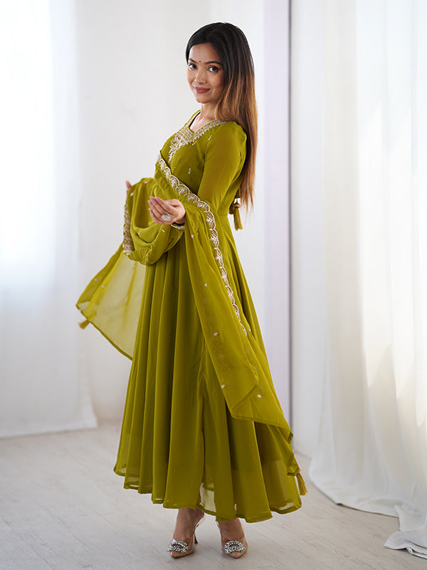 Mahendi Georgette Anarkali Gown With Pant & Dupatta Set