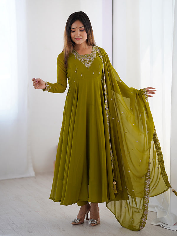 Mahendi Georgette Anarkali Gown With Pant & Dupatta Set