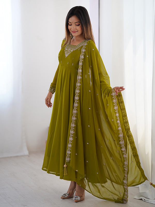 Mahendi Georgette Anarkali Gown With Pant & Dupatta Set