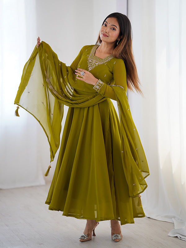 Mahendi Georgette Anarkali Gown With Pant & Dupatta Set