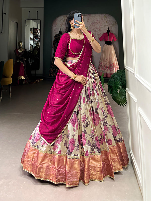 Pink Floral Dola Silk Lehenga Choli With Dupatta