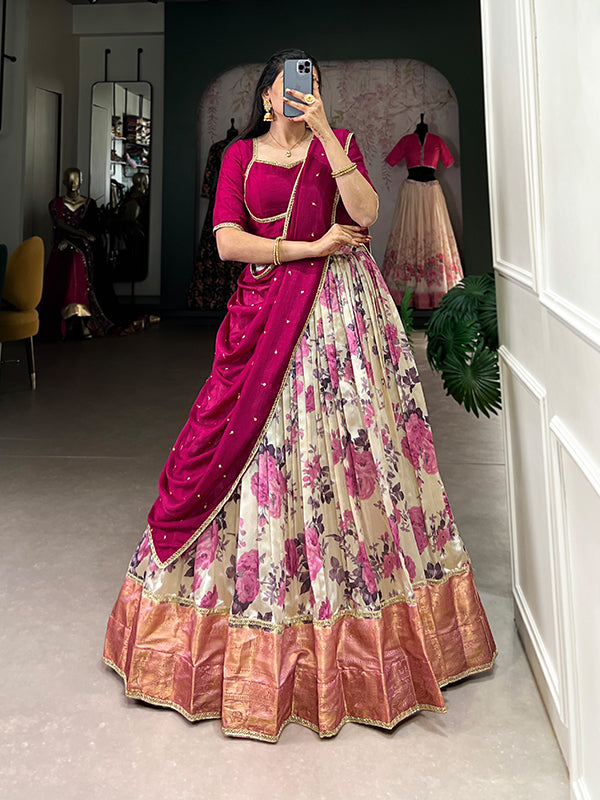 Pink Floral Dola Silk Lehenga Choli With Dupatta