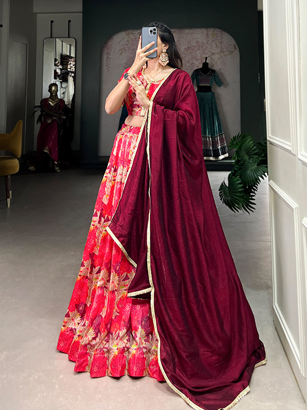 Red Floral Printed Silk Lehenga Choli With Dupatta