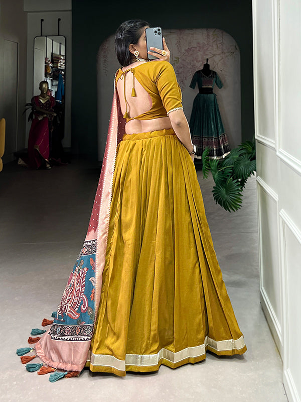 Mustard Chinon Silk Lace Border Lehenga Choli