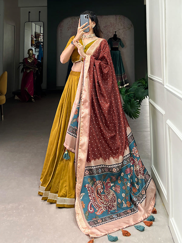 Mustard Chinon Silk Lace Border Lehenga Choli