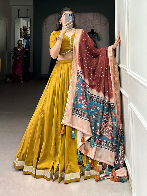 Mustard Chinon Silk Lace Border Lehenga Choli