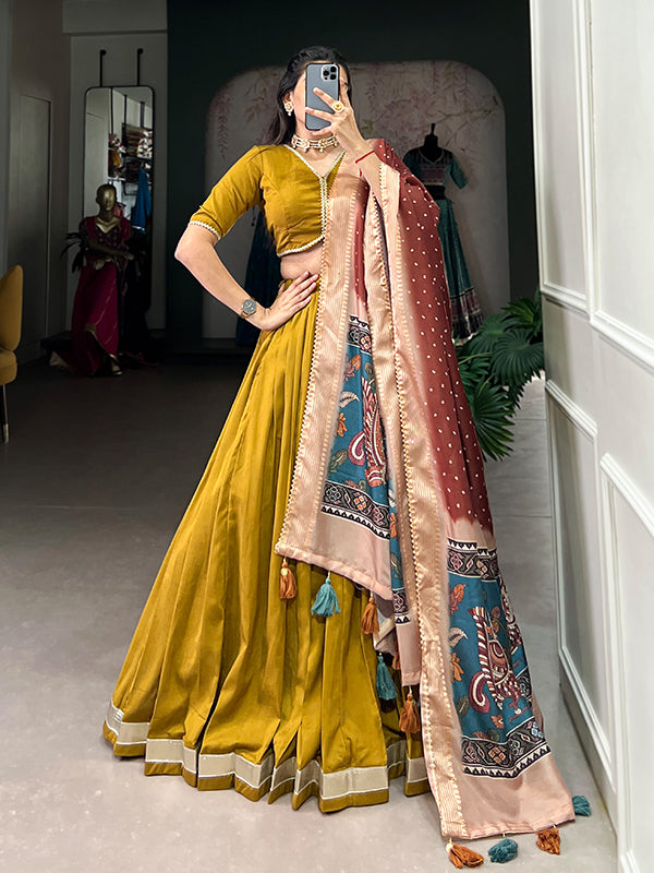 Mustard Chinon Silk Lace Border Lehenga Choli