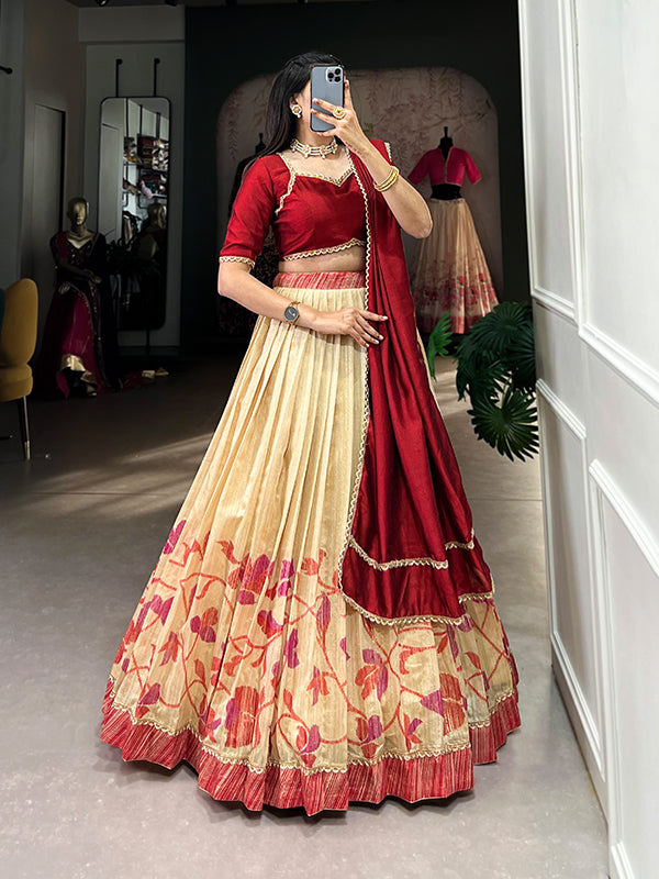 Maroon & Off-White Silk Lehenga Choli With Dupatta