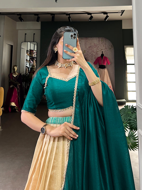 Teal Green & Off-White Silk Lehenga Choli With Dupatta