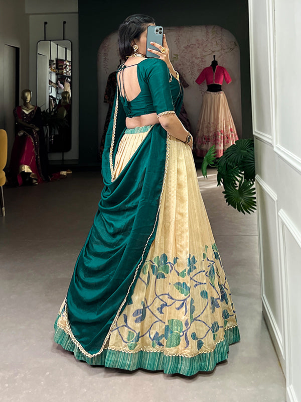 Teal Green & Off-White Silk Lehenga Choli With Dupatta