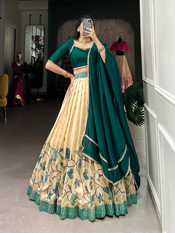 Teal Green & Off-White Silk Lehenga Choli With Dupatta