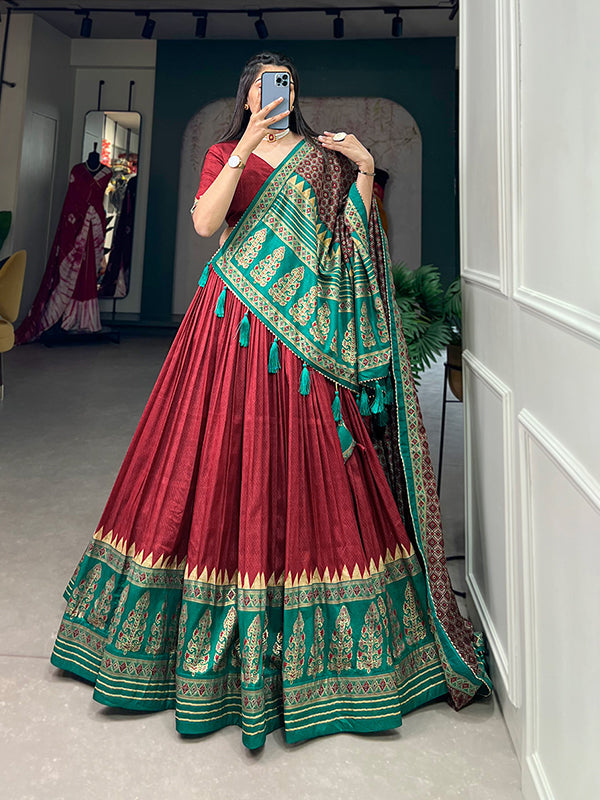 Red Maroon Tussar Silk With Foil Print Lehenga Choli